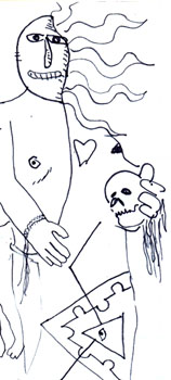 Ink drawing of a figure holding a skull